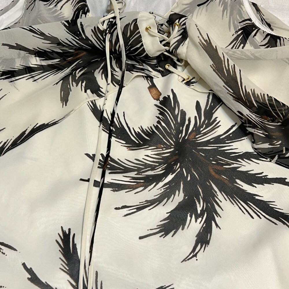 MOB Palm Tree Print Dress Women Sleeveless Lace Up Tropical Resort Vacation L - Picture 5 of 10